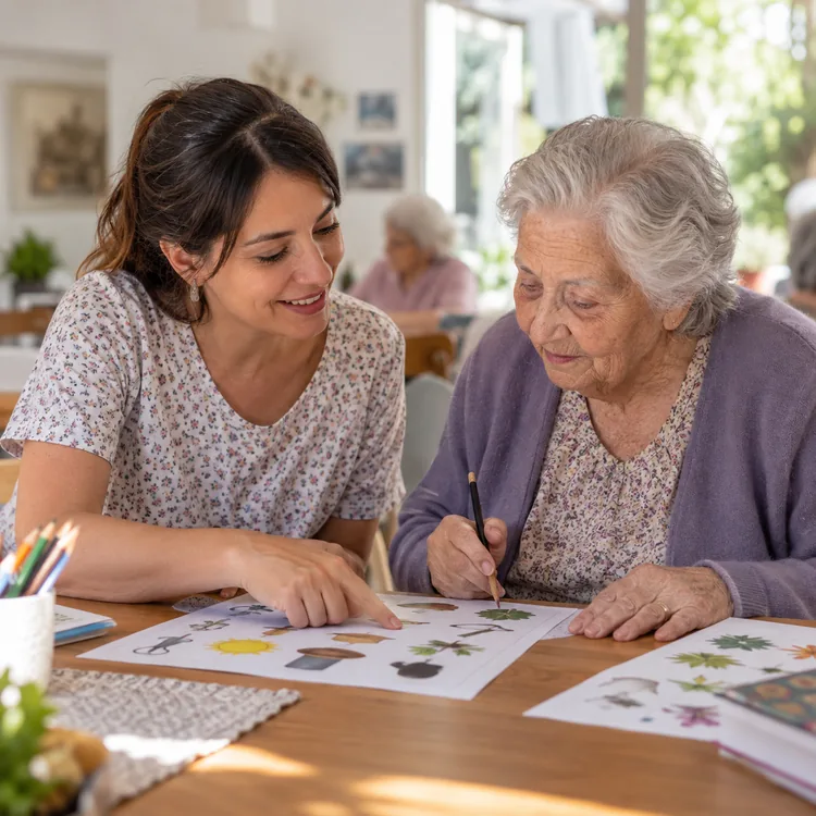 Representación ficticia de una cuidadora acompañando a una adulta mayor