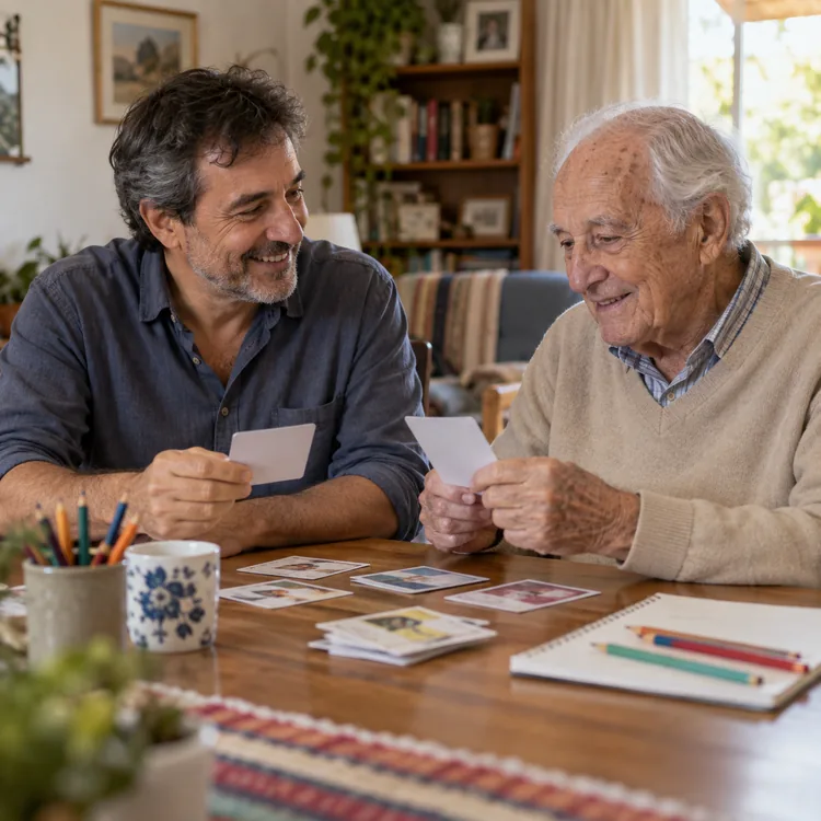 Representación ficticia de un padre y su hijo utilizando tarjetas para conversar